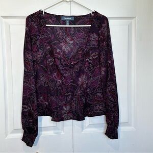 ModCloth Sheer Purple Paisley V-Neck Long Sleeve Blouse Size Medium